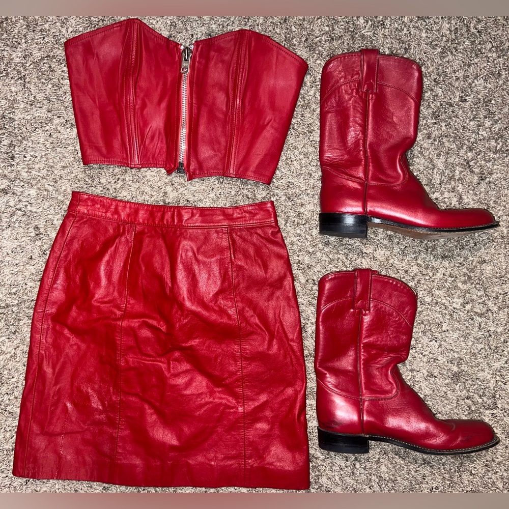 Vintage 90’s Bermans Leather Skirt Top Cowboy Boots Sm 6 J. Chrisholm Western